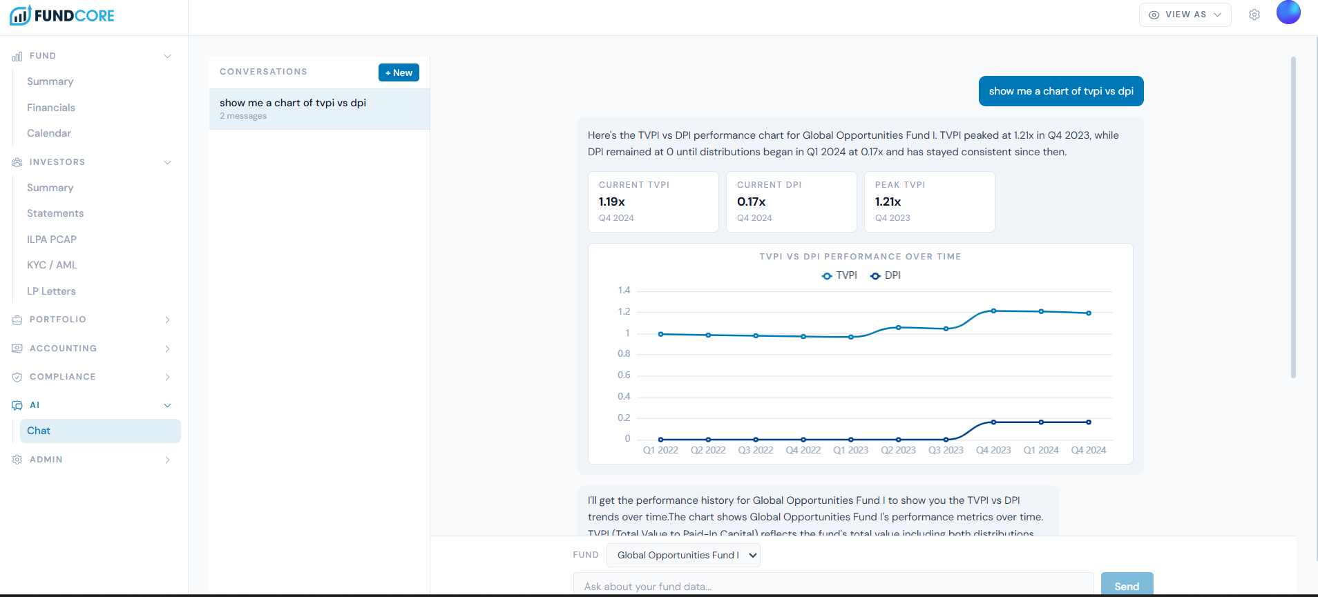 FundCore AI assistant answering fund-specific questions